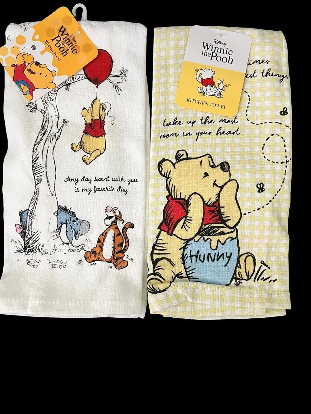 Disney Two Winnie-the-Pooh Kitchen Towels New 16X26 Cotton 2025 Yellow and White